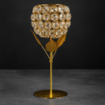 GGS 50 Stone Crystal Gold plated Oil Lamp Diya Puja Lamp with Single Cotton Wick with Leaf Stand for Home Temple, Puja Mandir, Home Decor