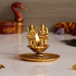 Hand Diya Lamp with Lakshmi Ganesh Idols for Puja Room, Gold