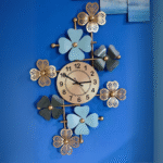 Metal Gold and Blue Flower Wall Clock, 30 cm Diameter, for Home and Office Wall Decor